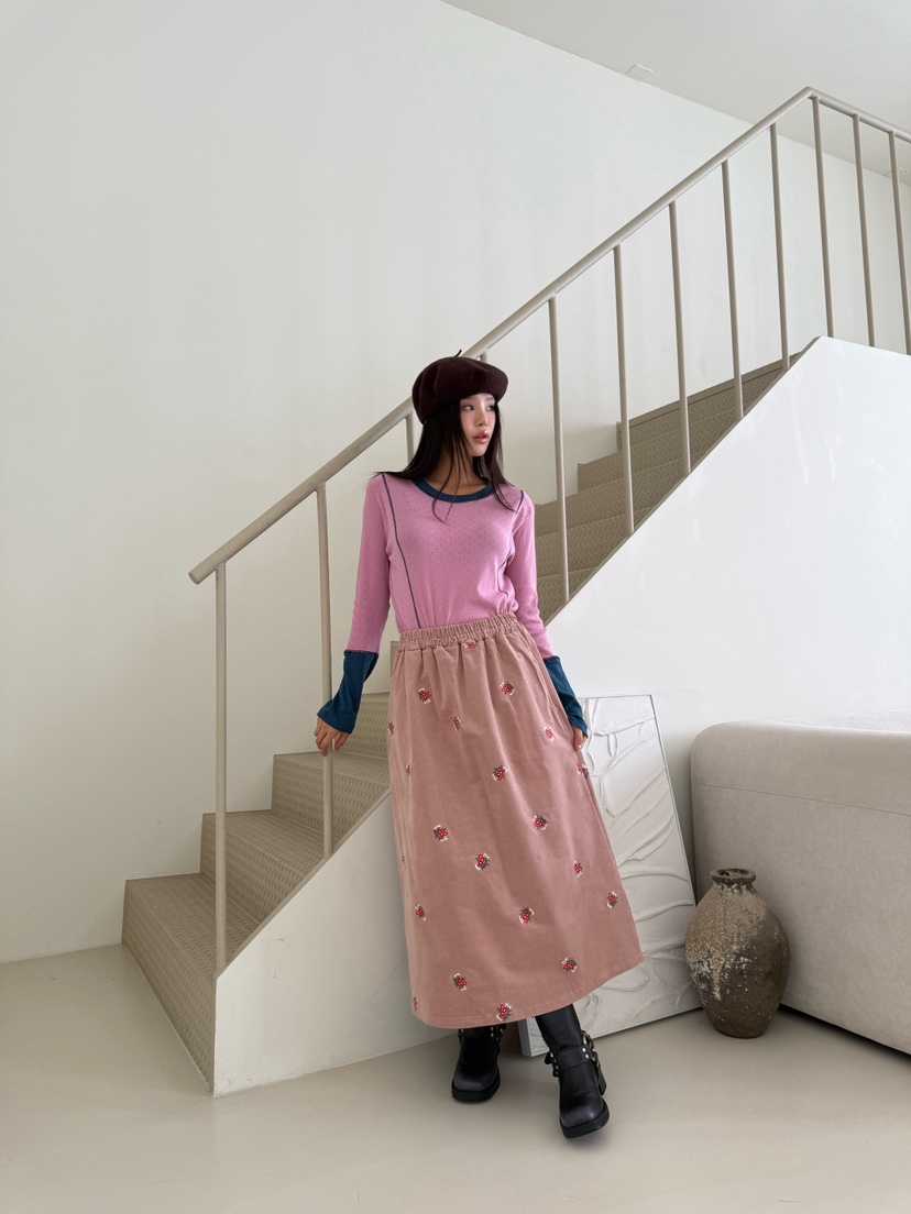 MAISONDEGLORY韓國直郵㊣女裝新品熱賣時尚休閑長裙燈芯絨繡花MAISON DE GLORY長裙