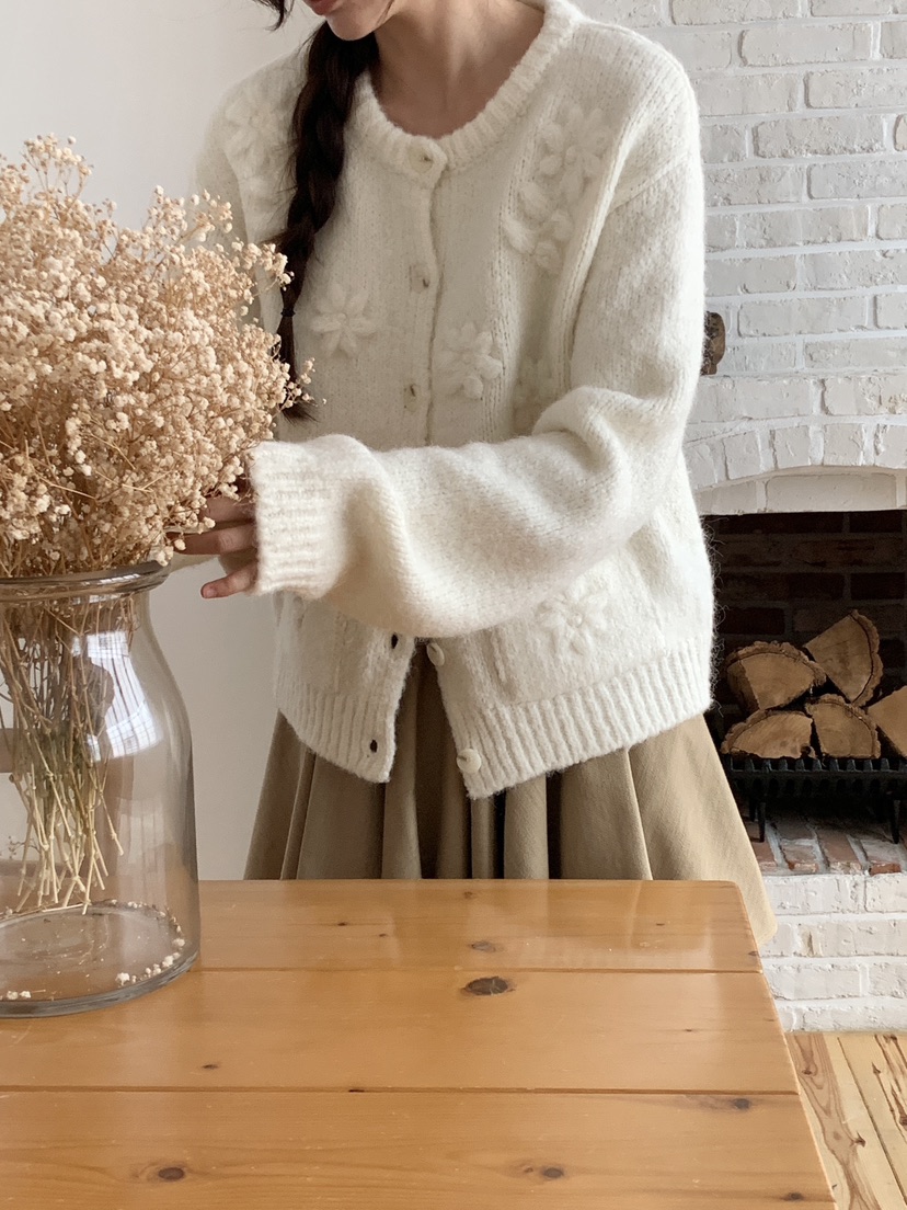 RE:OPENING韓國代購㊣女裝新品休閑25秋冬毛衣手工刺繡花朵RE:OPENING毛衣
