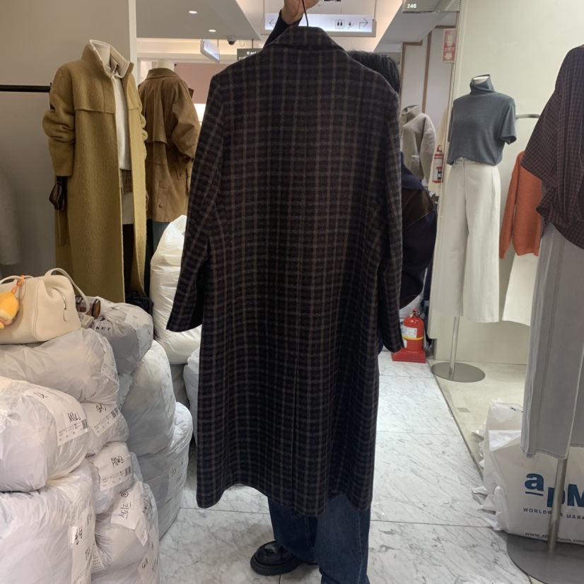 OBJET東大門㊣實拍女士新品熱賣25秋冬時尚真品中長款大衣格紋love us u/OBJET中長款大衣