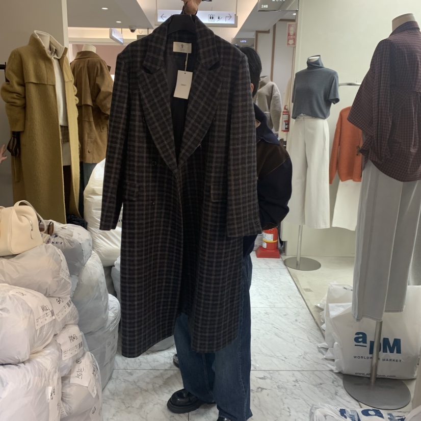 OBJET東大門㊣實拍女士新品熱賣25秋冬時尚真品中長款大衣格紋love us u/OBJET中長款大衣圖色1