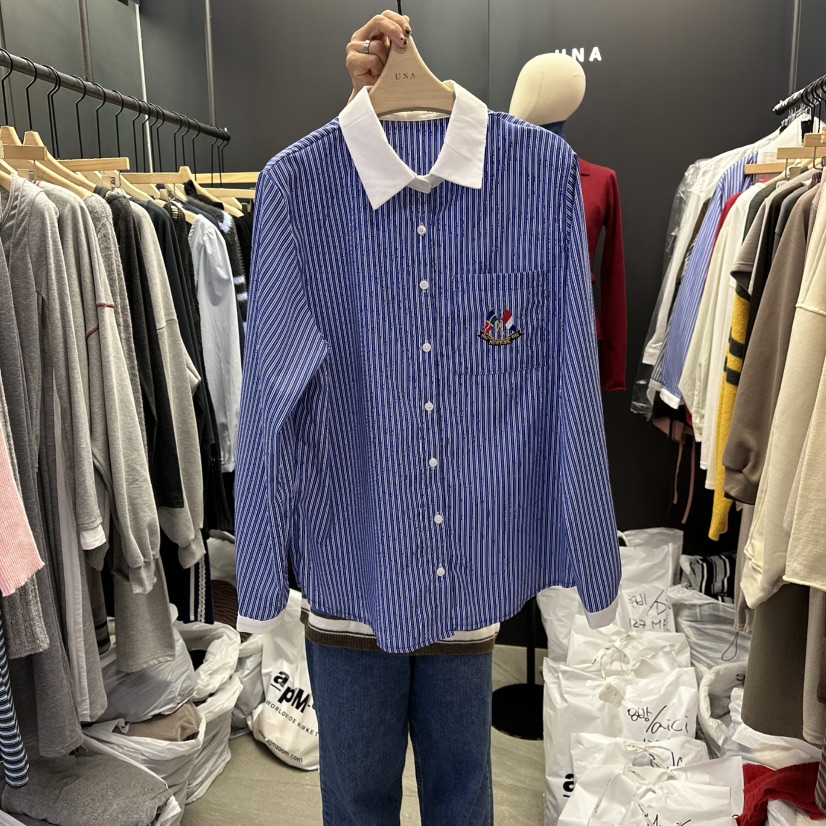 UNA/THE MAY東大門㊣直郵女裝新品人氣推薦襯衫蕾絲衫條紋THEMAY/UNA襯衫/蕾絲衫圖色1