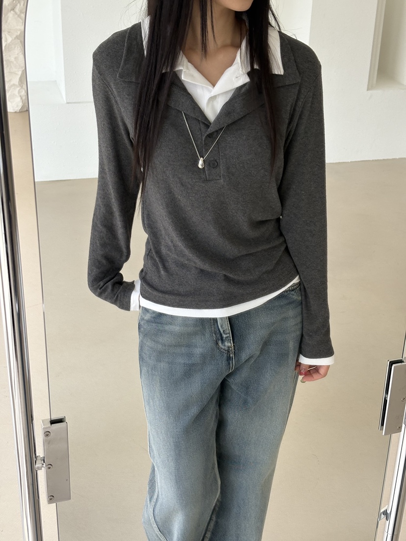 Verbena東大門㊣代購女裝新款真品職業長袖T恤假兩件羊毛雙領Verbena長袖T恤