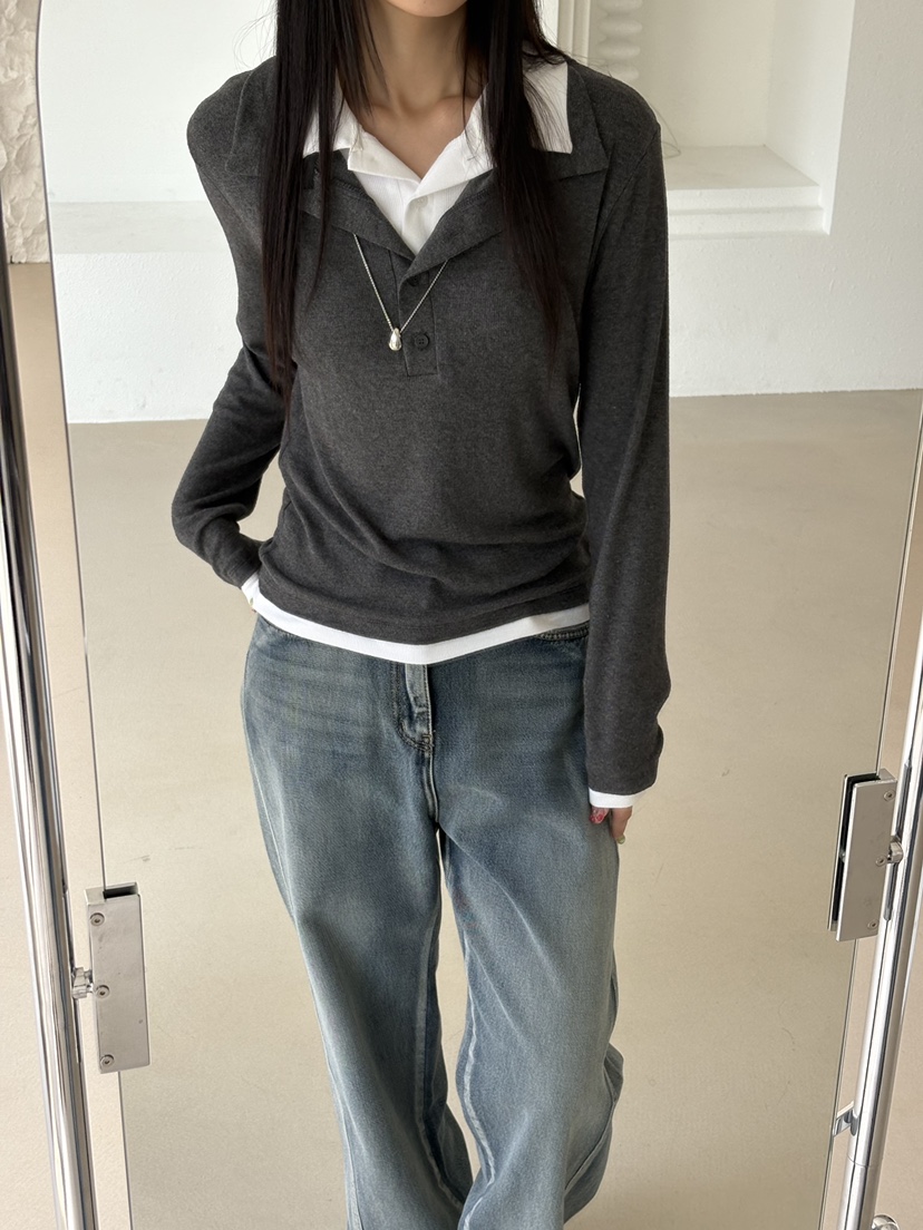 Verbena東大門㊣代購女裝新款真品職業長袖T恤假兩件羊毛雙領Verbena長袖T恤