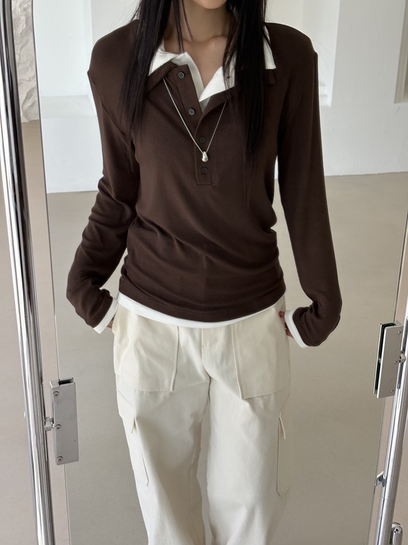 Verbena東大門㊣代購女裝新款真品職業長袖T恤假兩件羊毛雙領Verbena長袖T恤