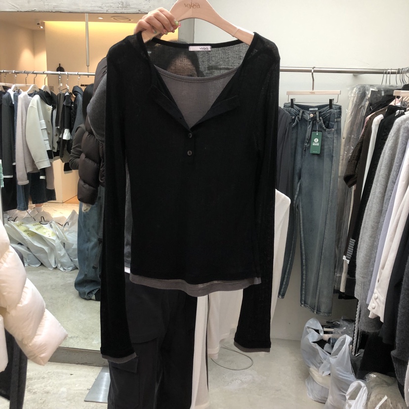 Verbena韓國代購㊣女裝新品推薦25秋冬職業時尚長袖T恤假兩件Verbena長袖T恤圖色2