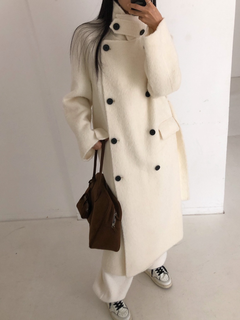 MARKE-P韓國代購㊣女裝新品人氣中長款大衣羊駝毛含腰帶羊毛MARKE-P中長款大衣