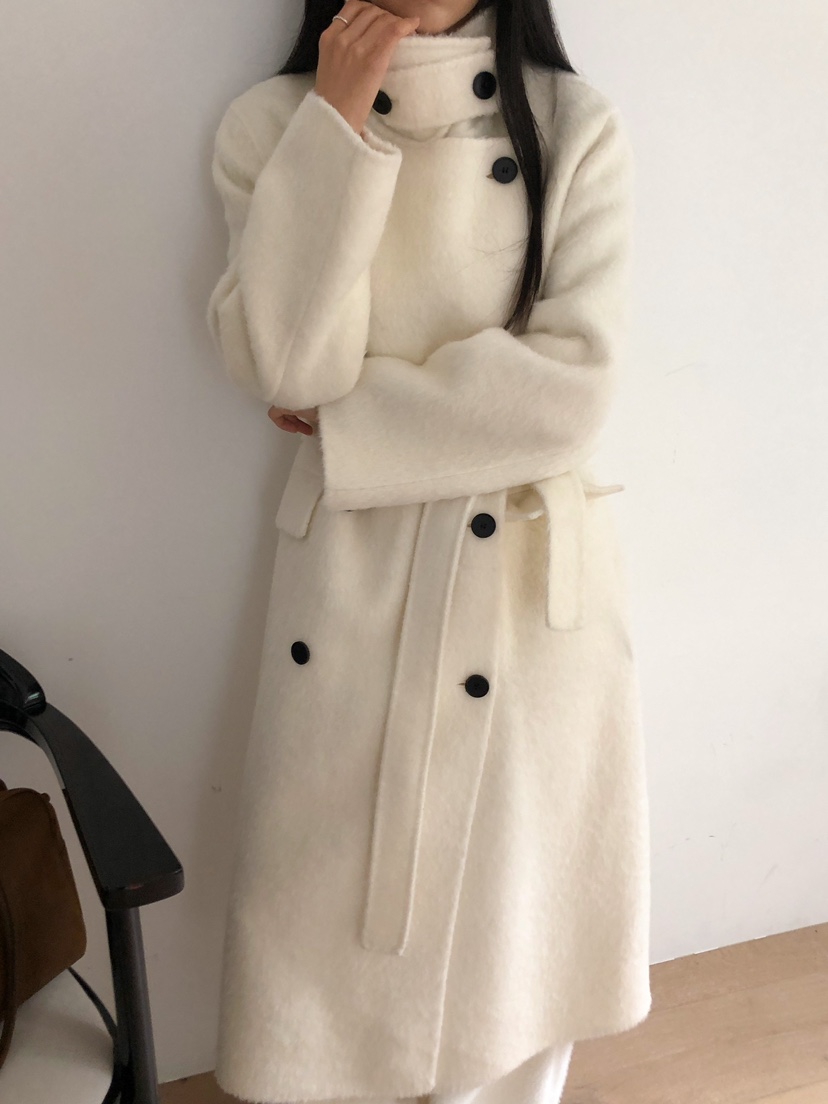 MARKE-P韓國代購㊣女裝新品人氣中長款大衣羊駝毛含腰帶羊毛MARKE-P中長款大衣