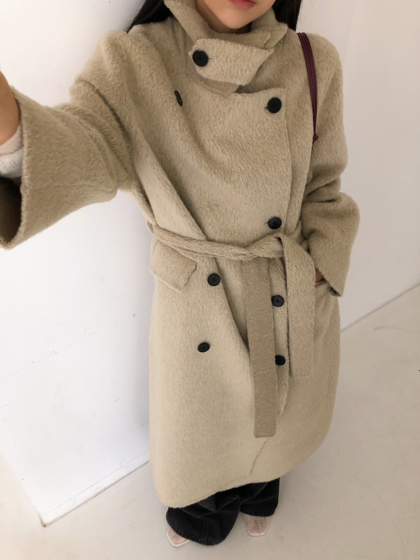 MARKE-P韓國代購㊣女裝新品人氣中長款大衣羊駝毛含腰帶羊毛MARKE-P中長款大衣