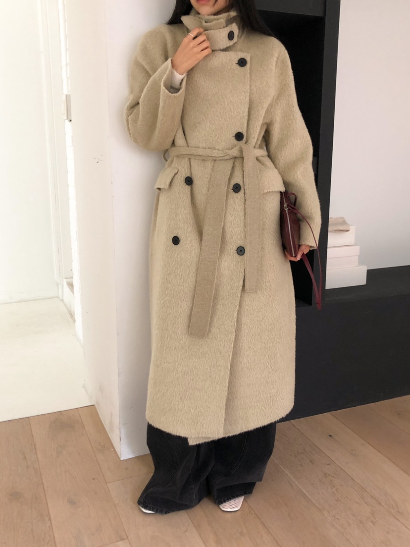 MARKE-P韓國代購㊣女裝新品人氣中長款大衣羊駝毛含腰帶羊毛MARKE-P中長款大衣