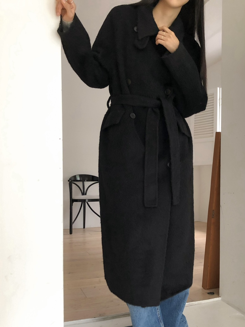 MARKE-P韓國代購㊣女裝新品人氣中長款大衣羊駝毛含腰帶羊毛MARKE-P中長款大衣