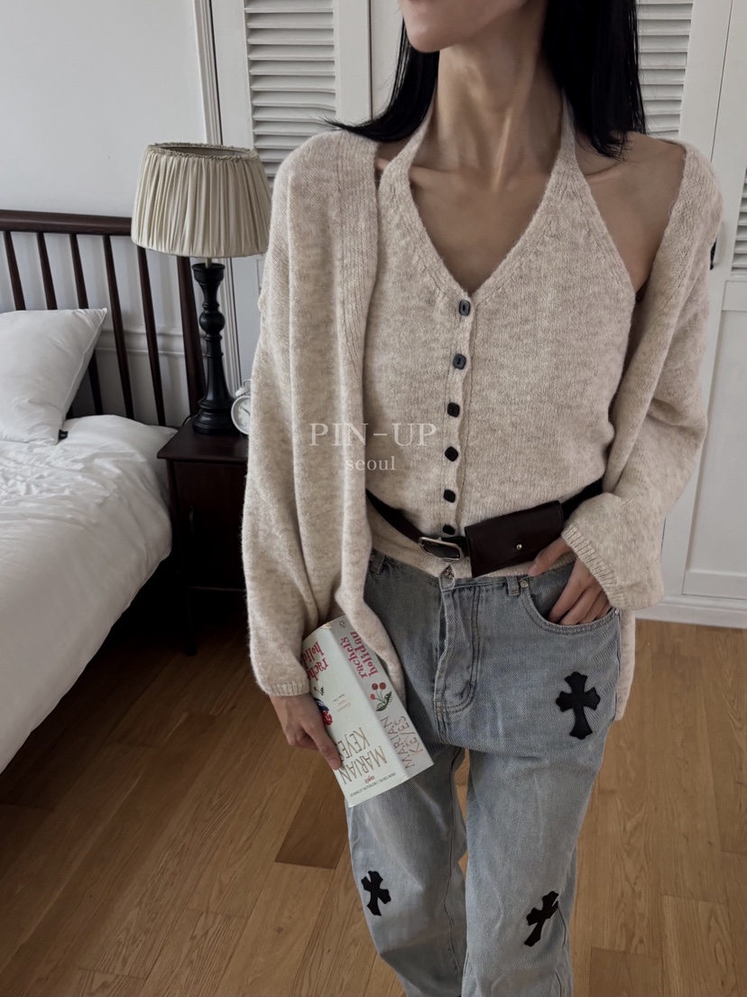 PIN-UP韓國代購㊣女士新品25秋冬推薦真品職業套裝掛脖開衫PIN-UP套裝