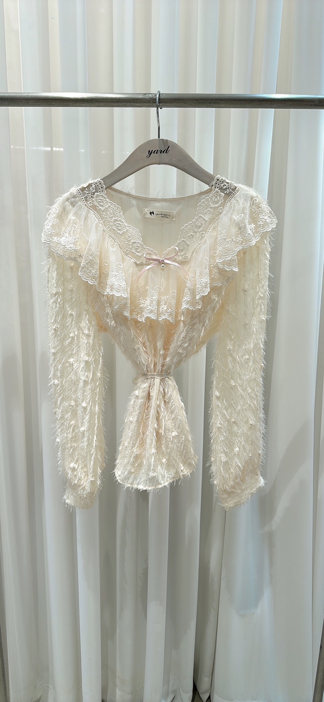 YARD東大門㊣實拍女裝新品25秋冬襯衫蕾絲衫褶邊雪紡含胸花YARD襯衫/蕾絲衫圖色2