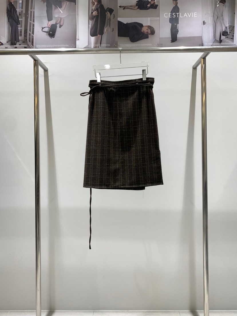 CESTLAVIE韓國代購㊣女士新品25秋冬半身裙中短裙含腰帶裹身裙羊毛格紋CESTLAVIE半身裙/中短裙