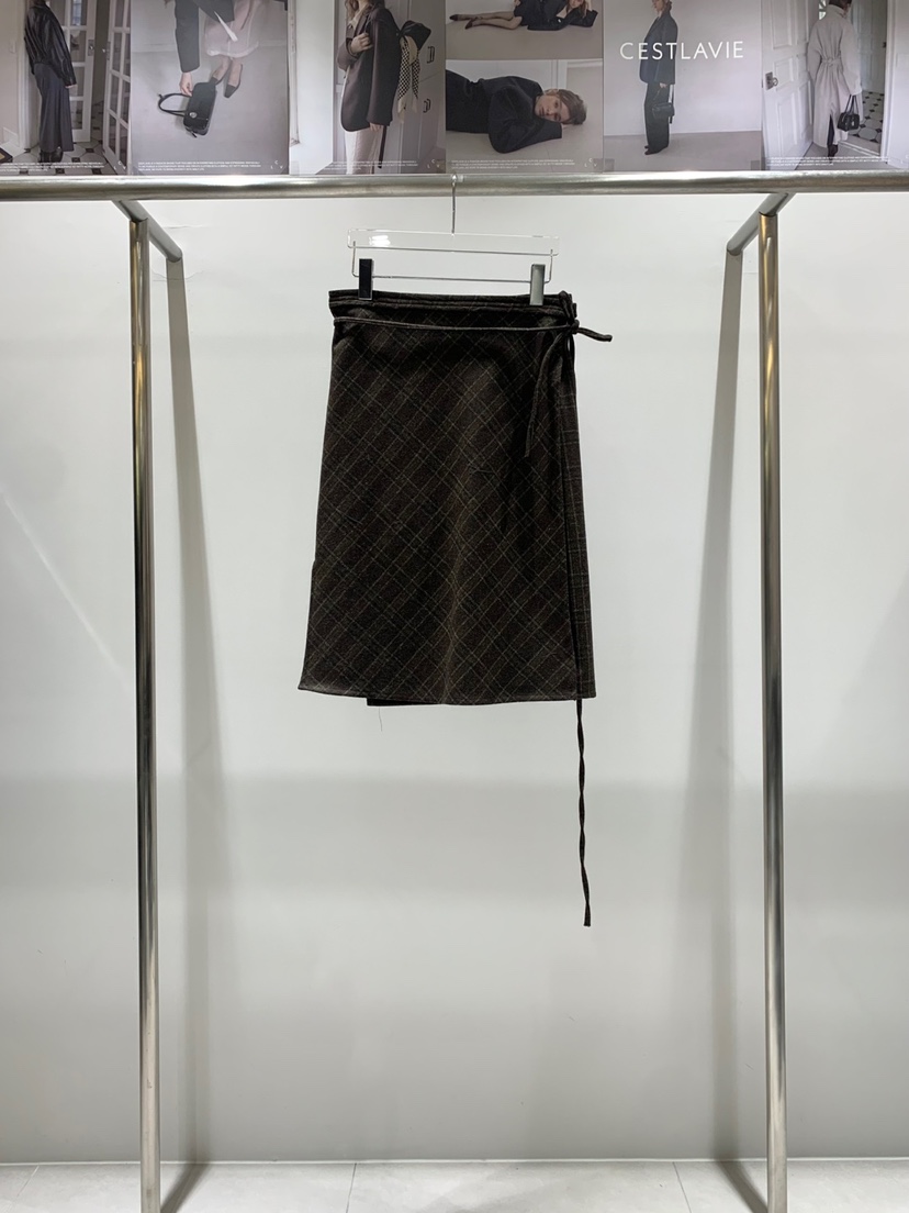 CESTLAVIE韓國代購㊣女士新品25秋冬半身裙中短裙含腰帶裹身裙羊毛格紋CESTLAVIE半身裙/中短裙