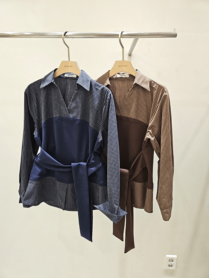 MONTER東大門㊣代購女士新品時尚職業襯衫蕾絲衫假兩件格紋MONTER襯衫/蕾絲衫