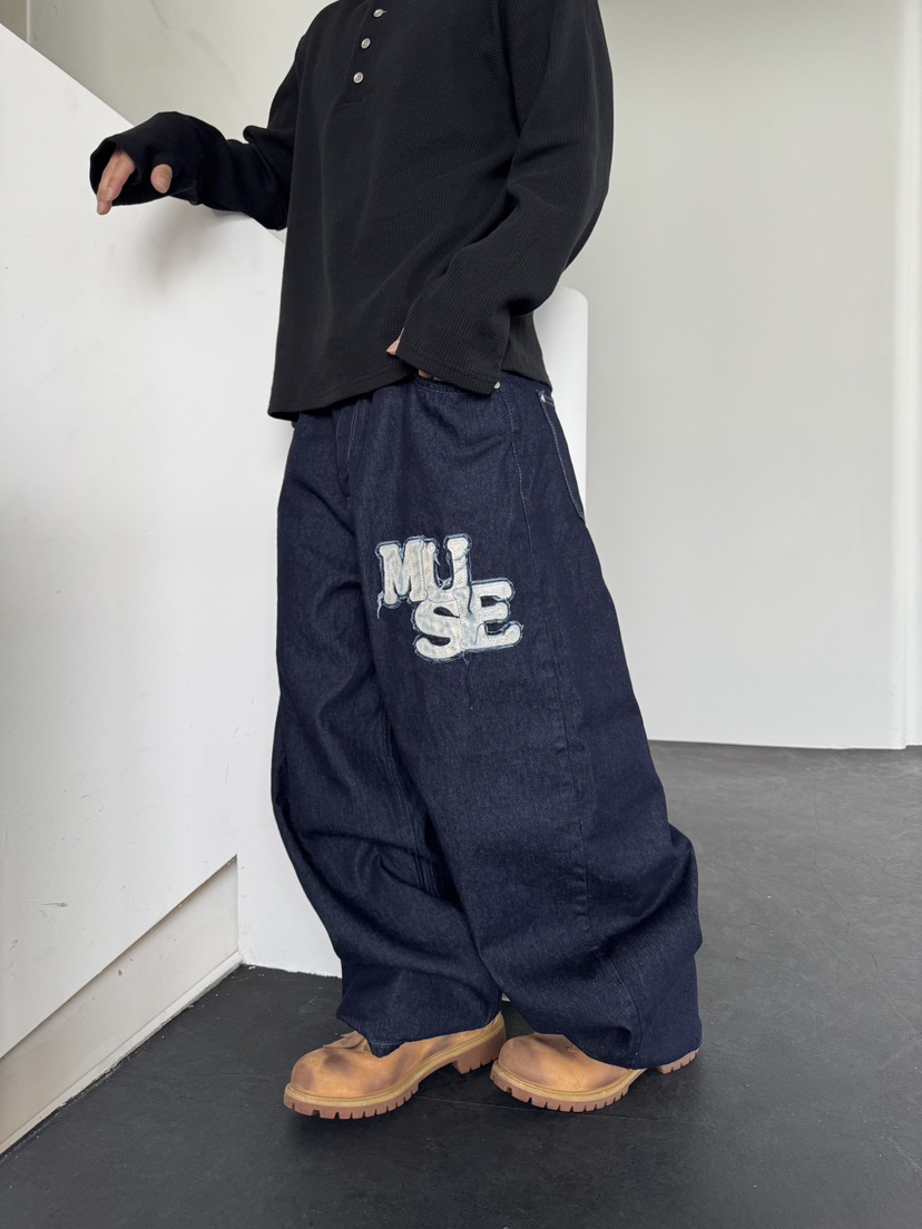SEEOT韓國代購㊣女士新品職業25秋冬牛仔褲男女同款皮革貼花GGD牛仔褲