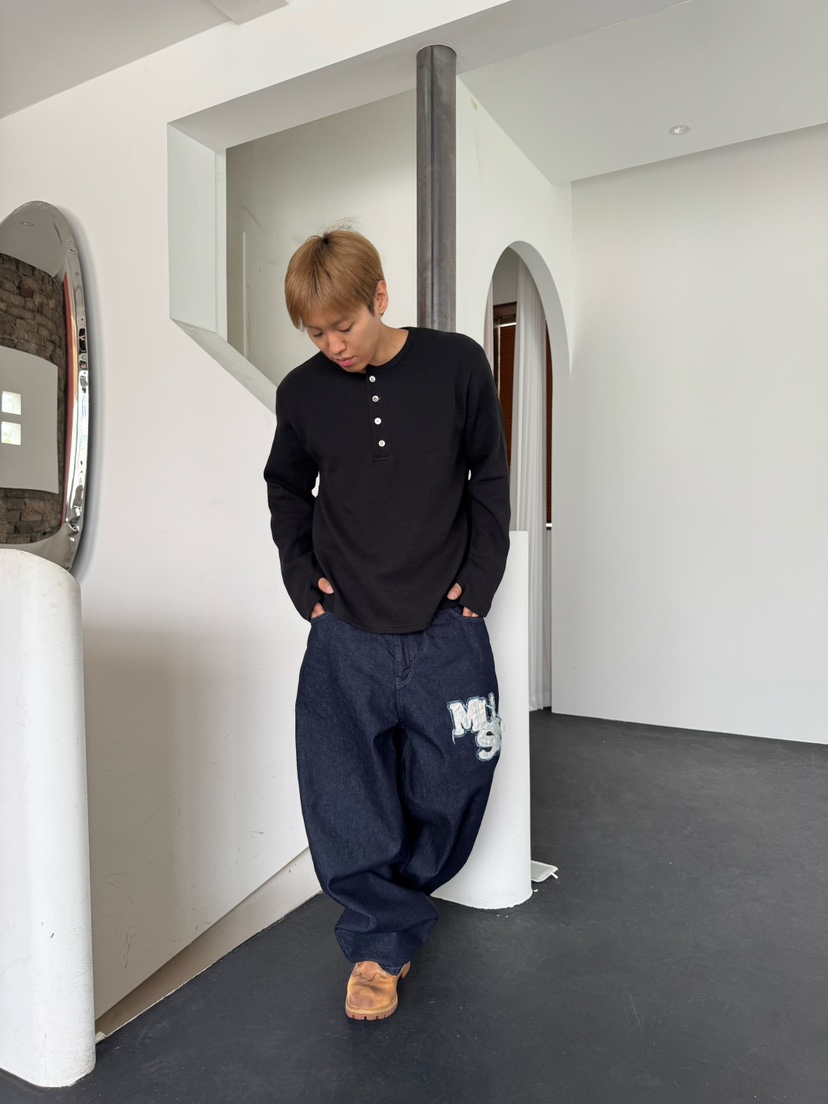 SEEOT韓國代購㊣女士新品職業25秋冬牛仔褲男女同款皮革貼花GGD牛仔褲