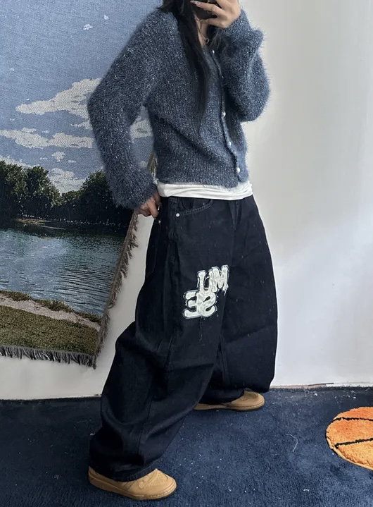 SEEOT韓國代購㊣女士新品職業25秋冬牛仔褲男女同款皮革貼花GGD牛仔褲