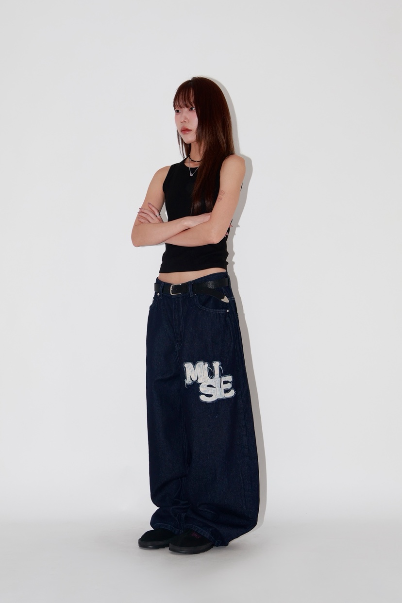 SEEOT韓國代購㊣女士新品職業25秋冬牛仔褲男女同款皮革貼花GGD牛仔褲