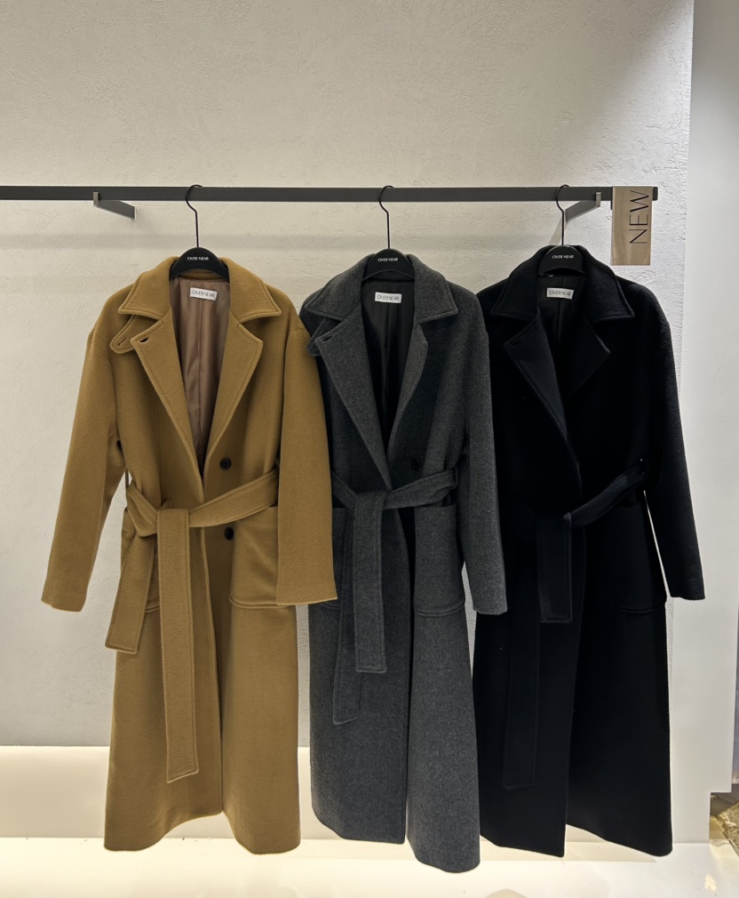 OVER NEAR東大門㊣直郵女士新品推薦時尚中長款大衣含腰帶OVER NEAR中長款大衣