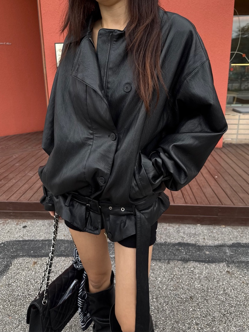 SOLAR東大門㊣實拍女裝新款真品25秋冬時尚休閑皮衣含腰帶皮革SOLAR皮衣