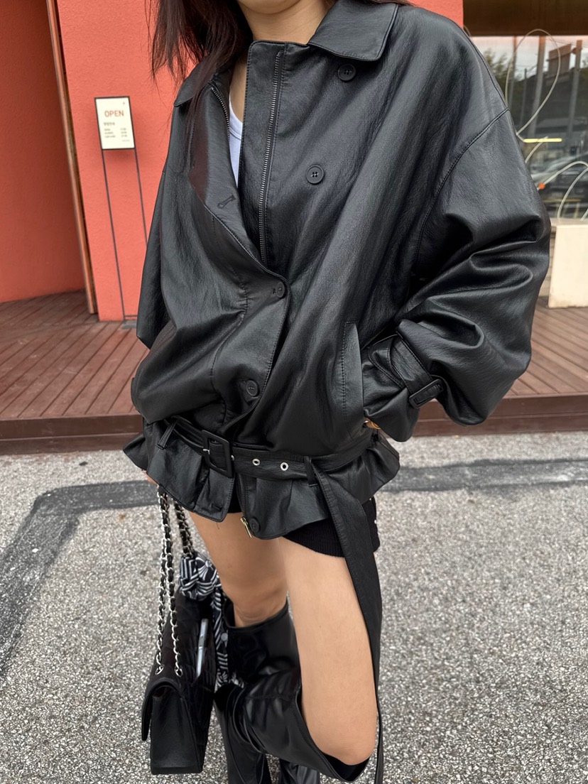 SOLAR東大門㊣實拍女裝新款真品25秋冬時尚休閑皮衣含腰帶皮革SOLAR皮衣