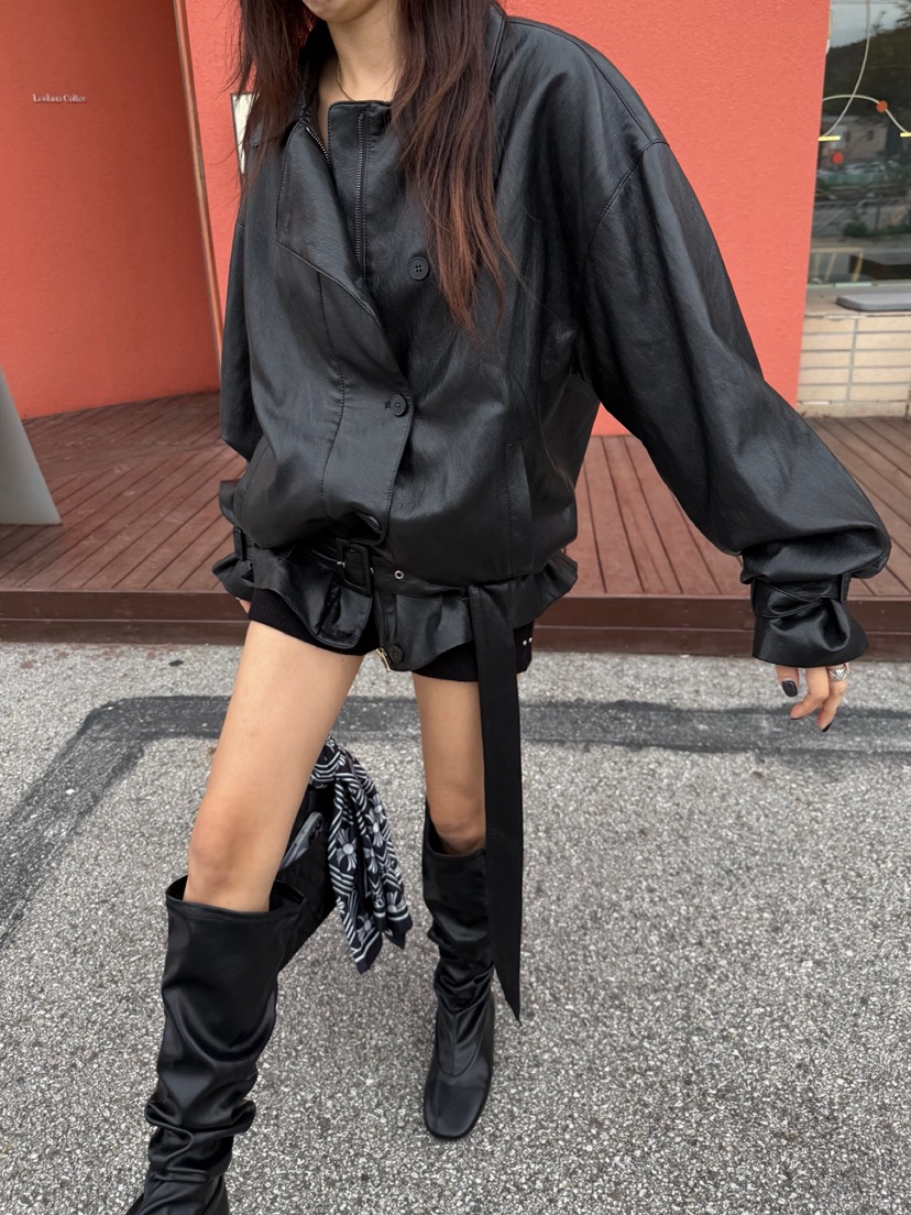 SOLAR東大門㊣實拍女裝新款真品25秋冬時尚休閑皮衣含腰帶皮革SOLAR皮衣