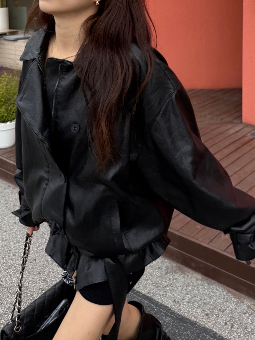 SOLAR東大門㊣實拍女裝新款真品25秋冬時尚休閑皮衣含腰帶皮革SOLAR皮衣