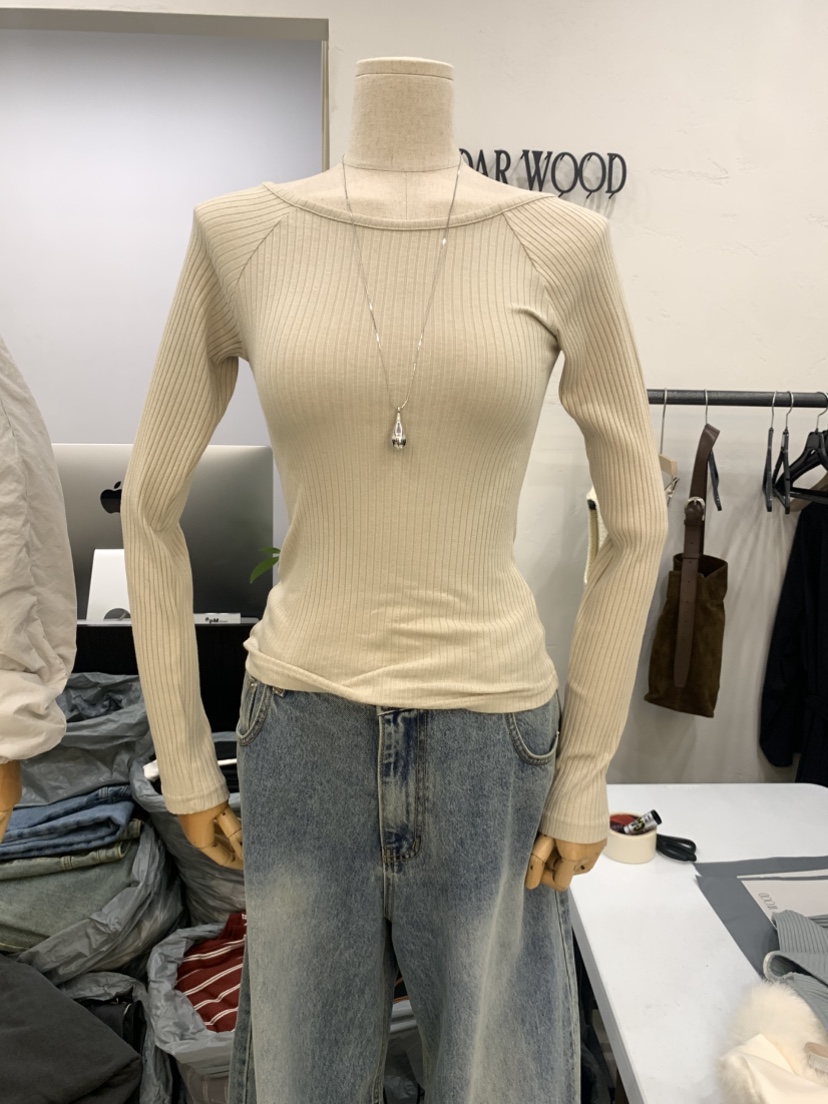 CEDARWOOD東大門㊣代購女裝新款時尚人氣休閑長袖T恤修身船領CEDAR WOOD長袖T恤圖色2
