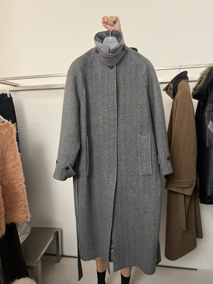 LONDON FLAT東大門㊣直郵女裝新品時尚中長款大衣人字紋含腰帶LONDON FLAT中長款大衣