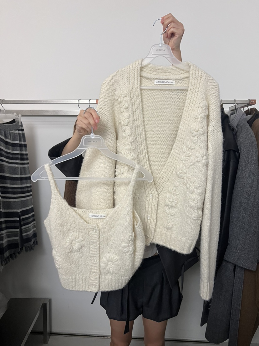 LONDON FLAT韓國直郵㊣女裝新品職業時尚針織衫手工花朵開衫LONDON FLAT針織衫