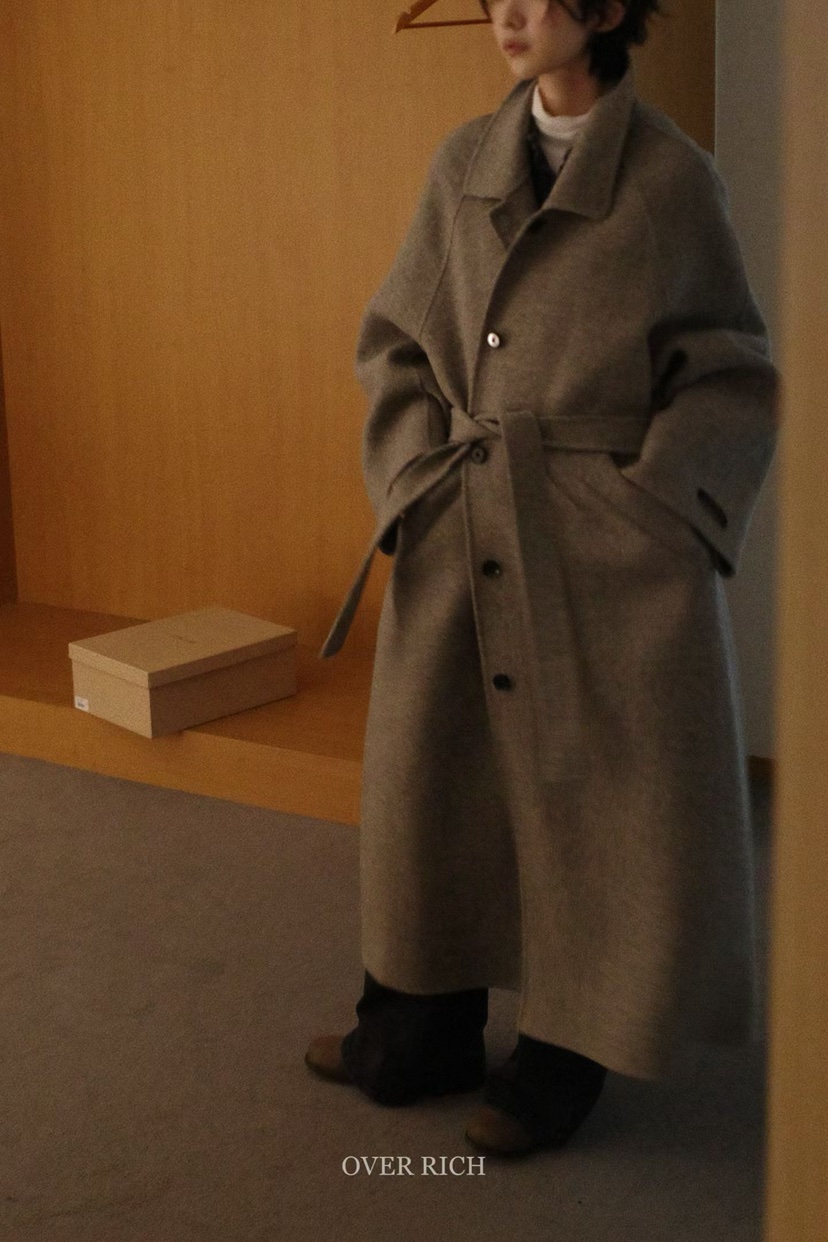 OVER RICH東大門㊣實拍女裝新款推薦職業中長款大衣含腰帶OVER RICH中長款大衣
