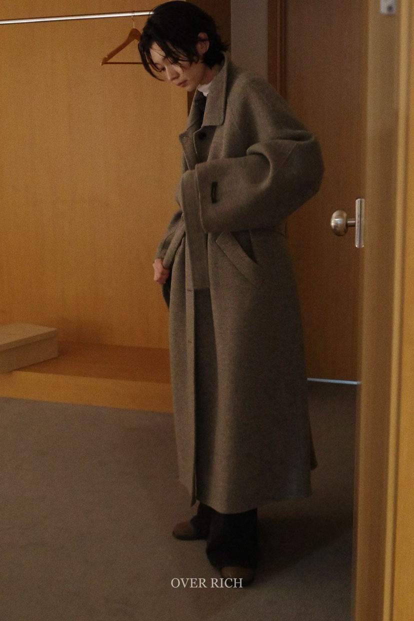 OVER RICH東大門㊣實拍女裝新款推薦職業中長款大衣含腰帶OVER RICH中長款大衣
