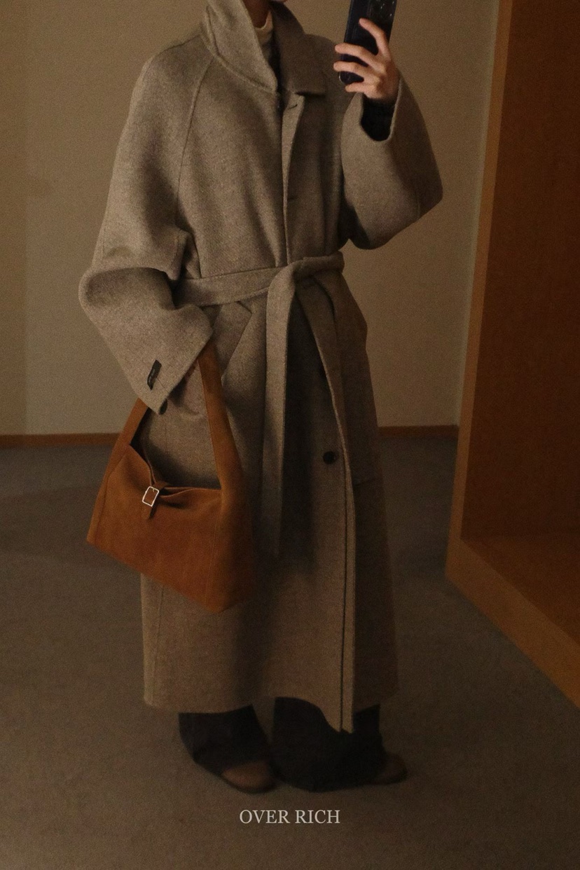 OVER RICH東大門㊣實拍女裝新款推薦職業中長款大衣含腰帶OVER RICH中長款大衣