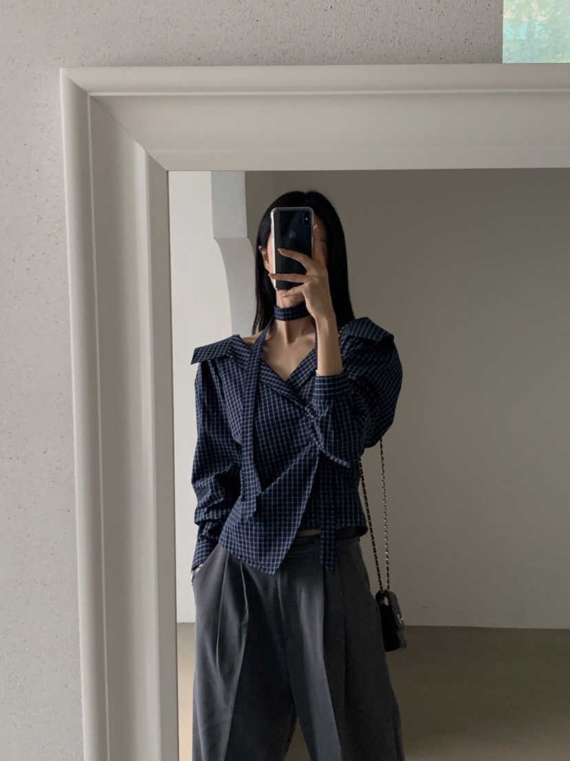 VERANDA韓國直郵㊣女裝新品職業推薦人氣襯衫蕾絲衫含脖帶格紋VERANDA襯衫/蕾絲衫