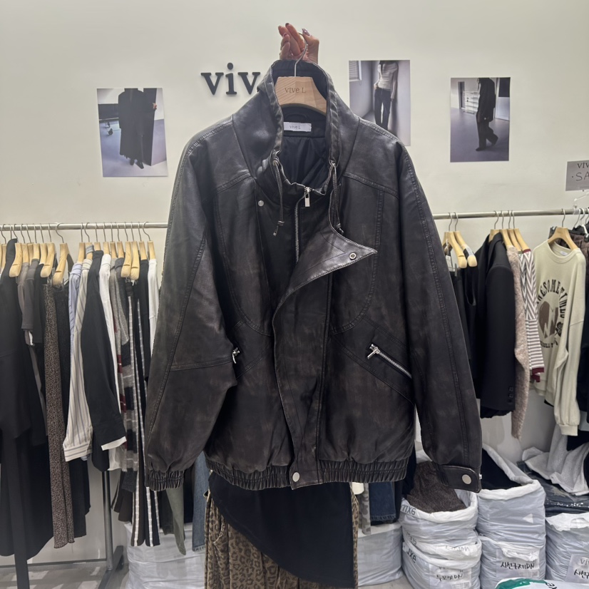 VIVEL韓國代購㊣女裝新款推薦時尚職業熱賣夾克水洗皮革絎縫VIVEL夾克