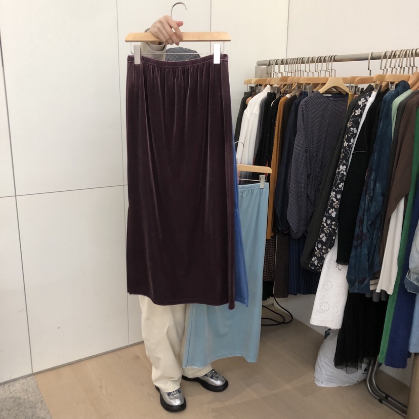 DOHWAJI韓國代購㊣女裝新款25秋冬真品半身裙中短裙天鵝絨開衩DOHWAJI半身裙/中短裙圖色3