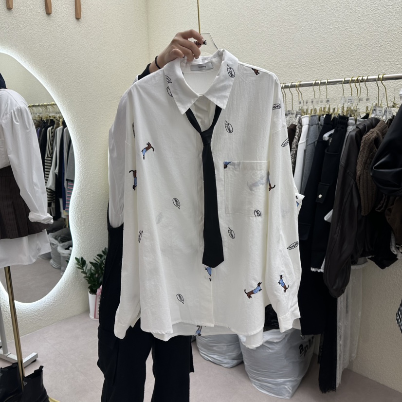 DRAWING東大門㊣代購女裝新品職業25秋冬襯衫蕾絲衫不含領帶刺繡DRAWING襯衫/蕾絲衫圖色2