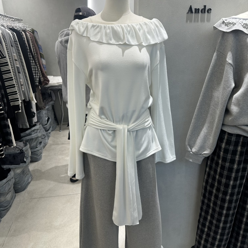 ANDE東大門㊣實拍女裝新款真品25秋冬時尚熱賣長袖T恤荷葉邊Ande長袖T恤