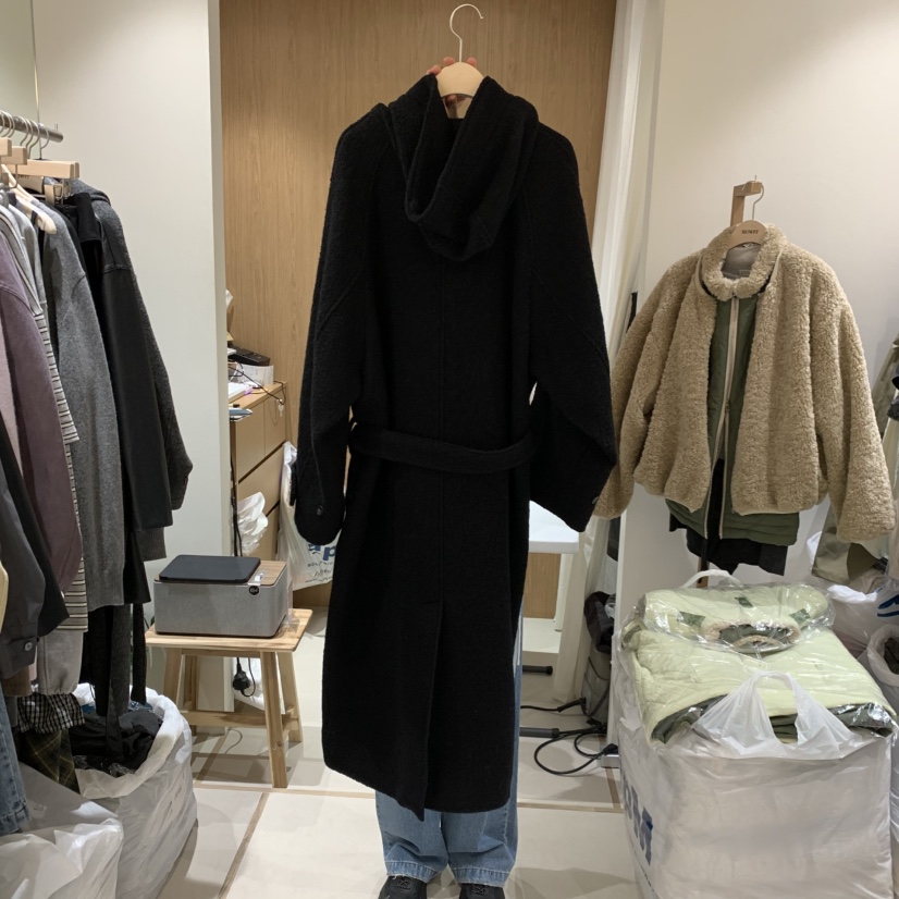 HOWFF東大門㊣代購女裝新款職業真品時尚中長款大衣羊毛連帽HOWFF中長款大衣