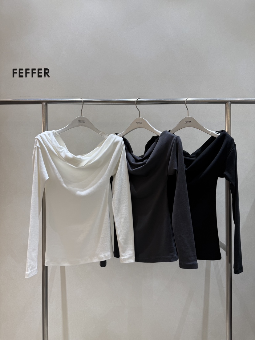 FEFFER韓國代購㊣女士新品25秋冬職業推薦熱賣休閑長袖T恤露肩FEFFER長袖T恤