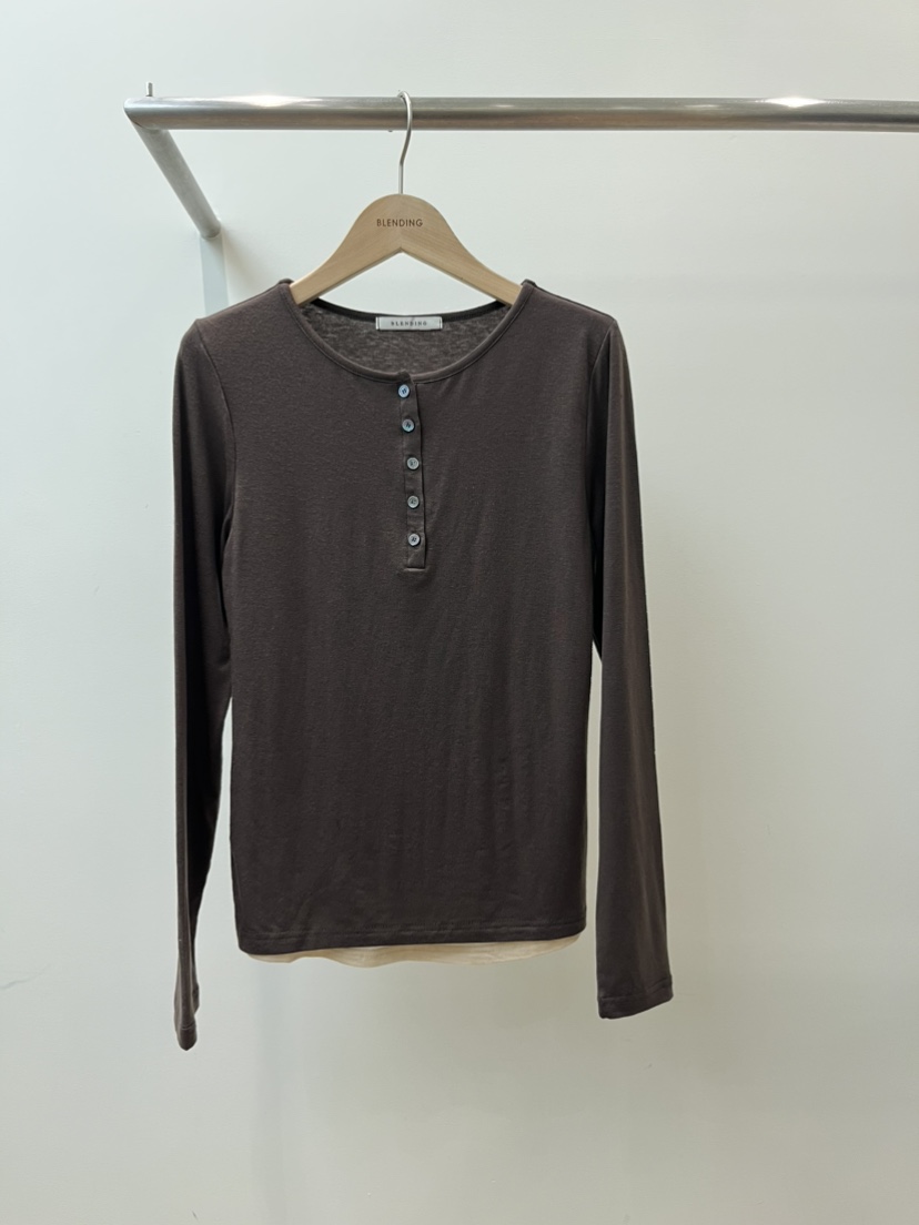 BLENDING-p東大門㊣代購女士新品休閑職業25秋冬長袖T恤紐扣BLENDING-p長袖T恤圖色2