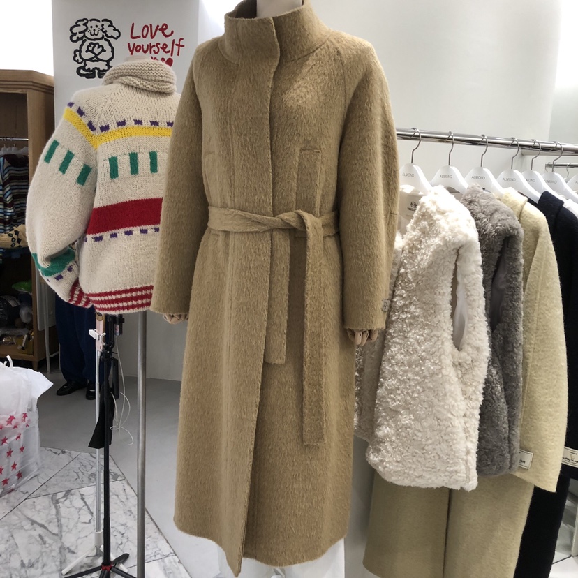ALMOND東大門㊣實拍女士新款職業熱賣中長款大衣手工制作羊駝ALMOND中長款大衣