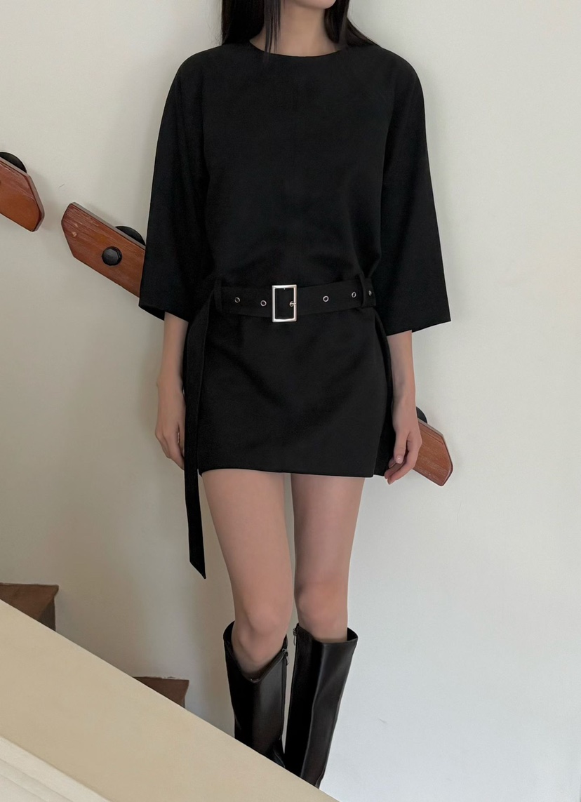 BINUS韓國直郵㊣女士新品時尚休閑25秋冬推薦連衣裙絨面革腰帶BINUS連衣裙