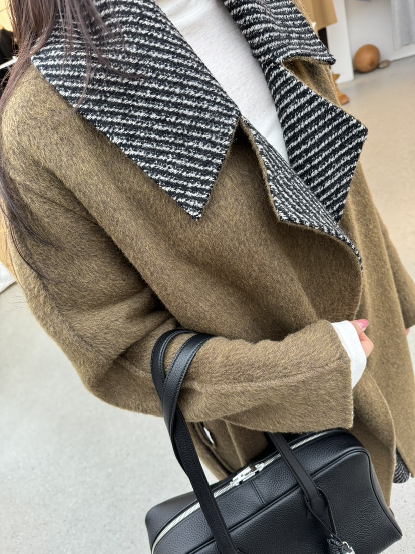 JUJU東大門㊣直郵女裝新款熱賣中長款大衣含腰帶兩面穿羊駝JUJU中長款大衣
