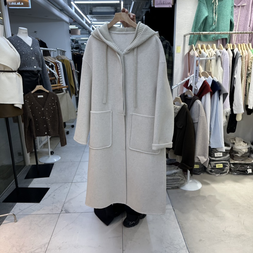 LULULALLA韓國代購㊣女士新品休閑熱賣25秋冬中長款大衣連帽長款LULULALLA中長款大衣
