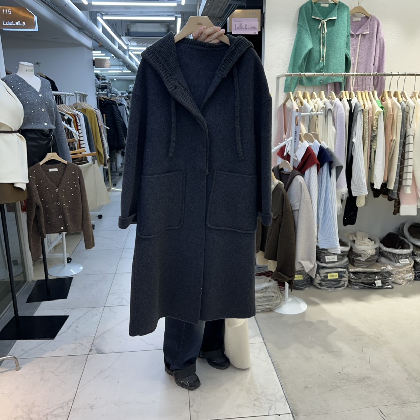 LULULALLA韓國代購㊣女士新品休閑熱賣25秋冬中長款大衣連帽長款LULULALLA中長款大衣圖色2