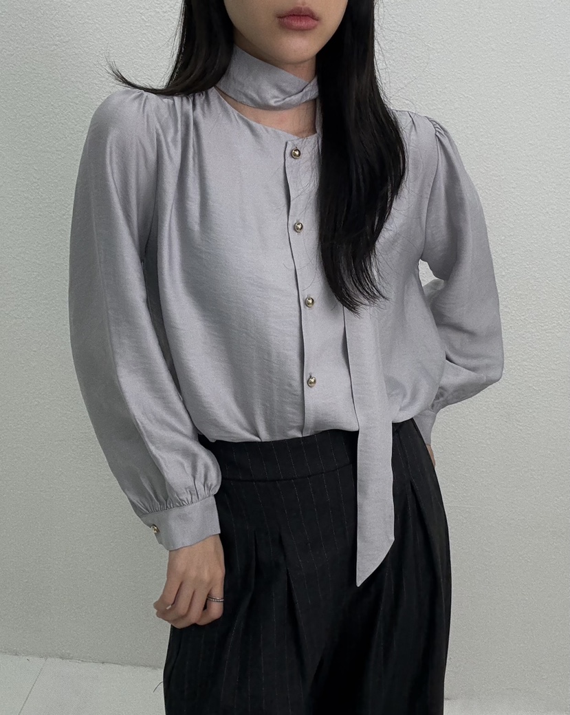 JMIND東大門㊣實拍女裝新款推薦熱賣襯衫蕾絲衫含脖帶褶皺緞面JMIND襯衫/蕾絲衫