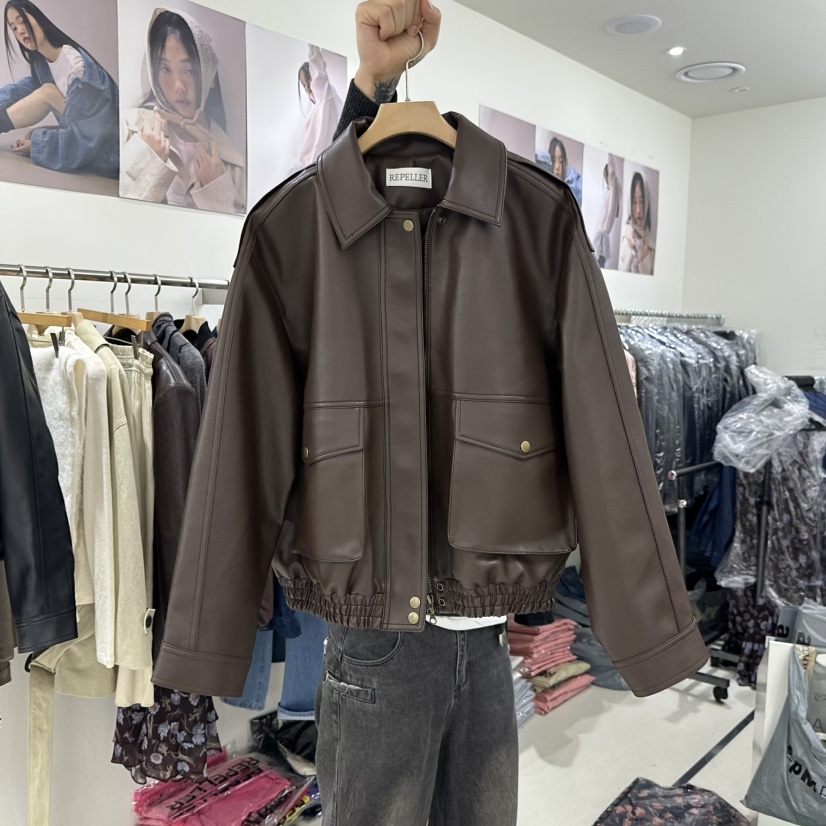 REPELLER東大門㊣直郵女裝新款職業真品25秋冬夾克不含內搭皮革REPELLER夾克圖色1棕色