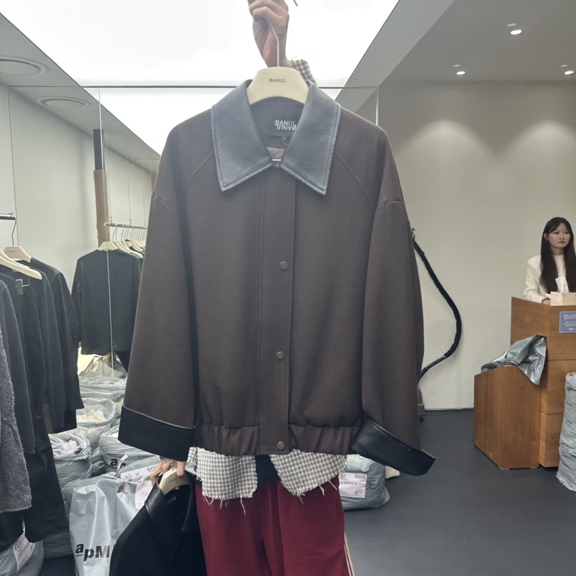 BANUL韓國代購㊣女士新款人氣真品推薦職業休閑夾克皮革拼色BANUL夾克